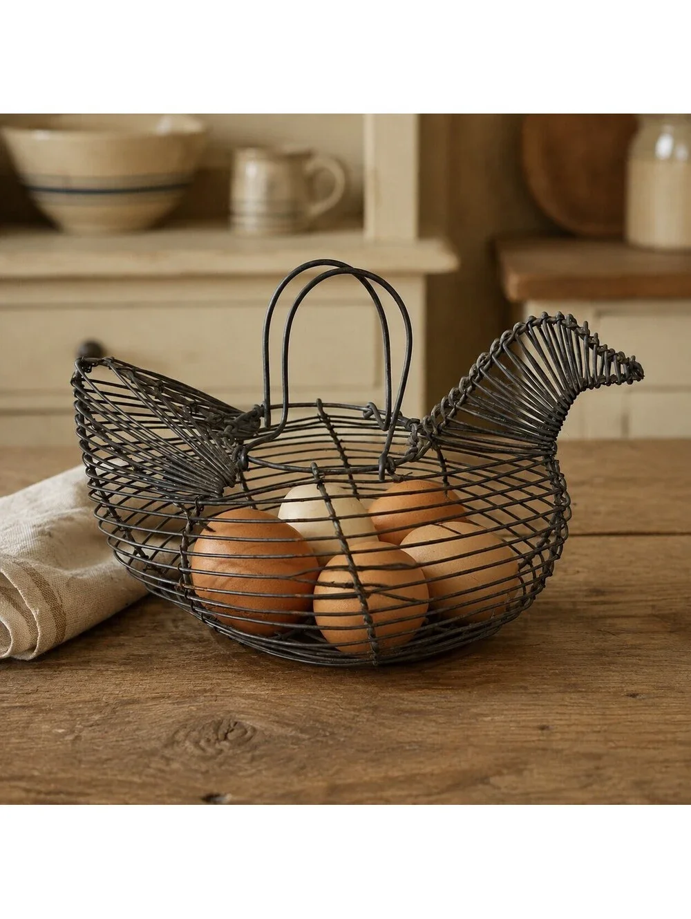 Vintage Wire Hen Egg Basket Primitive Farmhouse Chicken Kitchen Decor